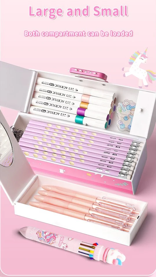 CUTE UNICORN PENCIL BOX WITH DUAL LOCKS PEN CASE LARGE CAPACITY MULTI-LAYER MULTI-FUNCTION STORAGE BAG SECRET COMPARTMENT PENCIL BOX