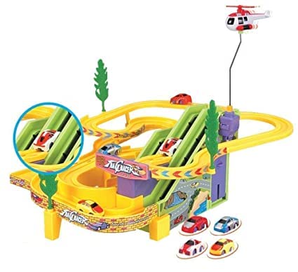 TRACK RACER RACING CAR SET WITH 4 MINIATURE CARS ROTATING HELICOPTER AND THRILLING SOUND