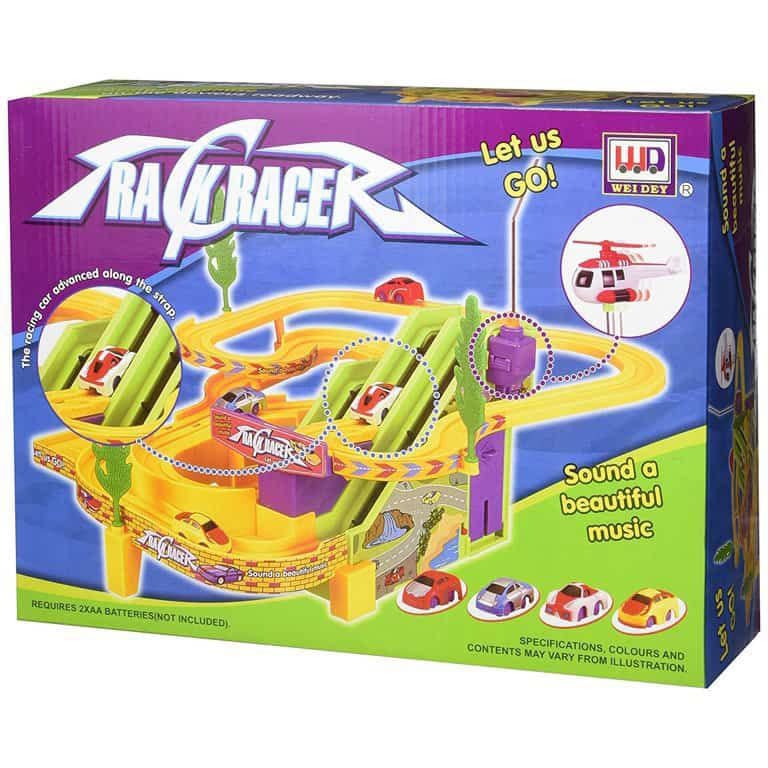 TRACK RACER RACING CAR SET WITH 4 MINIATURE CARS ROTATING HELICOPTER AND THRILLING SOUND