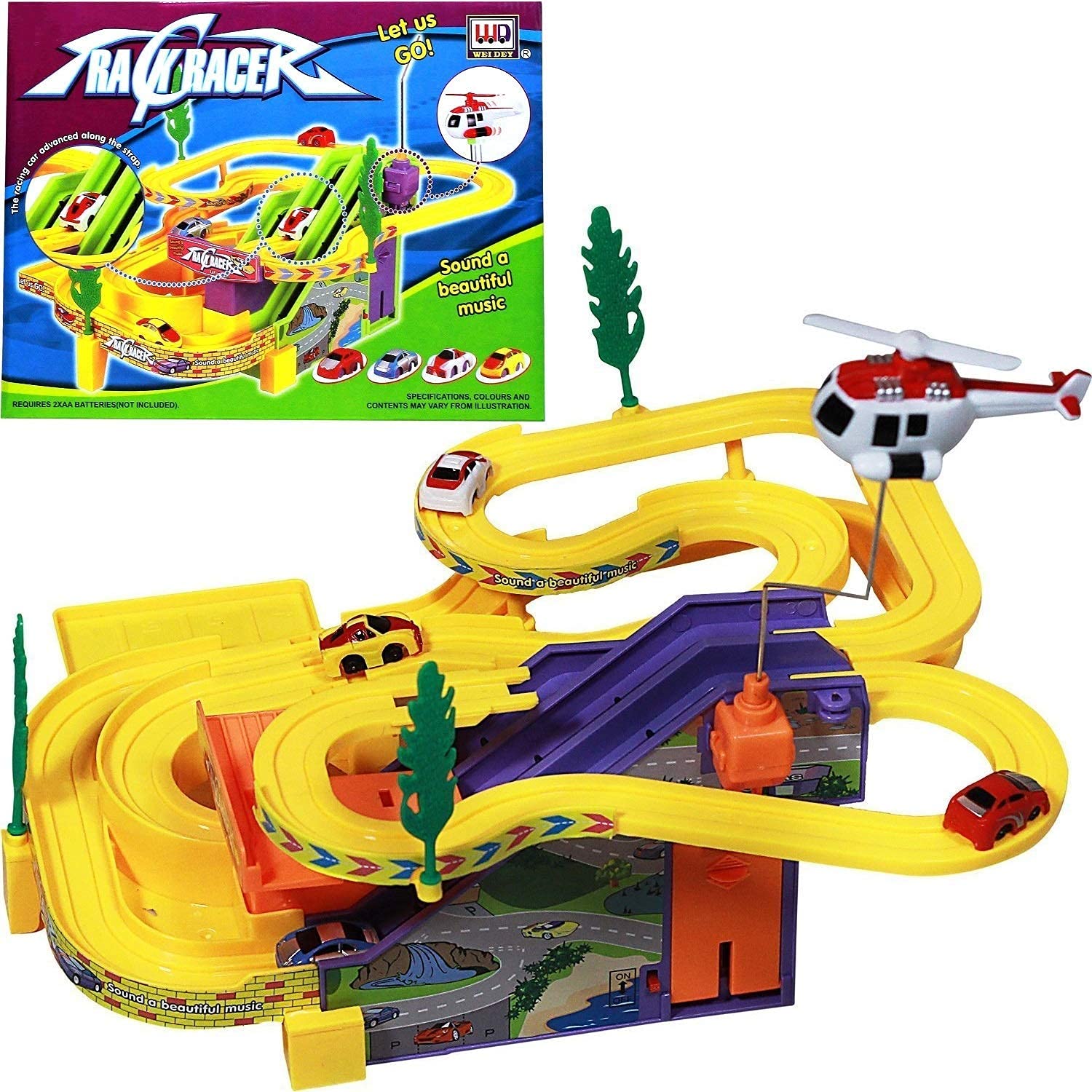 TRACK RACER RACING CAR SET WITH 4 MINIATURE CARS ROTATING HELICOPTER AND THRILLING SOUND