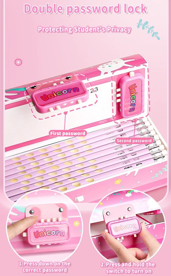 CUTE UNICORN PENCIL BOX WITH DUAL LOCKS PEN CASE LARGE CAPACITY MULTI-LAYER MULTI-FUNCTION STORAGE BAG SECRET COMPARTMENT PENCIL BOX