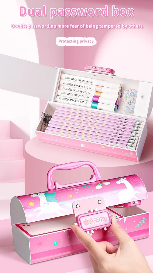 CUTE UNICORN PENCIL BOX WITH DUAL LOCKS PEN CASE LARGE CAPACITY MULTI-LAYER MULTI-FUNCTION STORAGE BAG SECRET COMPARTMENT PENCIL BOX