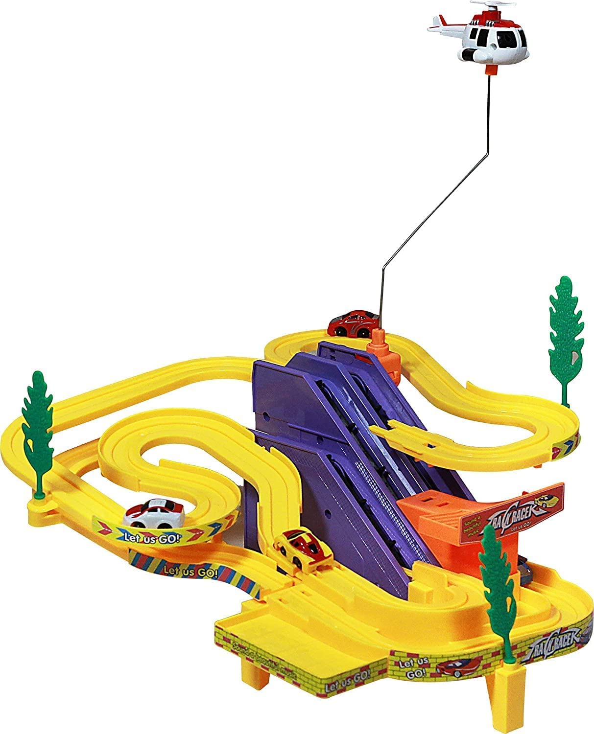 TRACK RACER RACING CAR SET WITH 4 MINIATURE CARS ROTATING HELICOPTER AND THRILLING SOUND